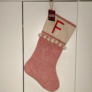 Red beige Monogrammed F Christmas Stocking with pompoms